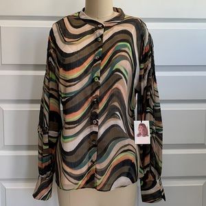 NWT JACLYN SMITH printed bottom down shirt with camisole and pleats at shoulder